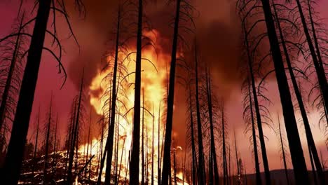 a dramatic display of destruction: a forest caught in the grip of an intense wildfire, with billowing flames and smoke rising through the charred trees at twilight