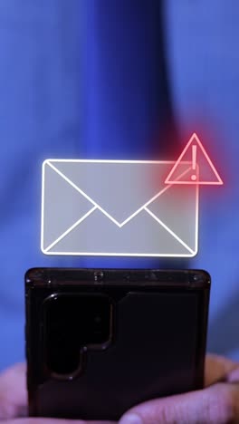 smartphone with animated warning message graphic representing phishing scam and mobile virus attack. vertical