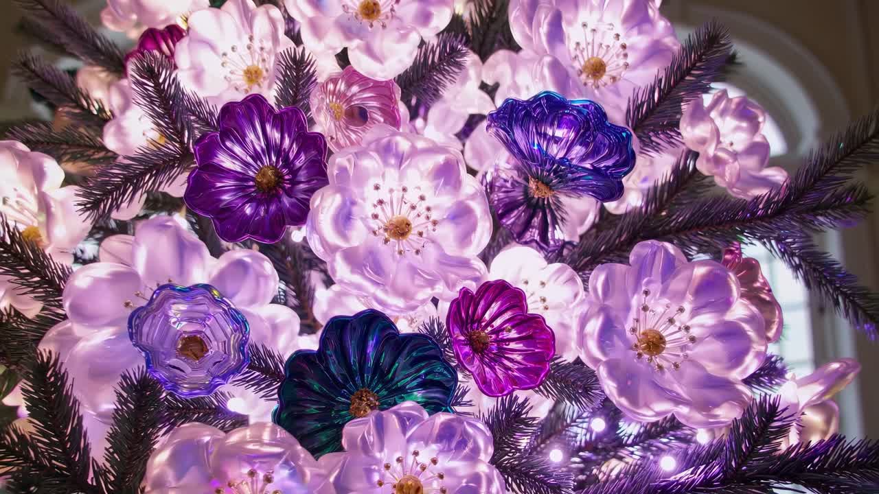 Luxurious interior featuring elegantly decorated Christmas tree with glowing flower ornaments, radiating festive warmth and magical holiday ambiance through large windows