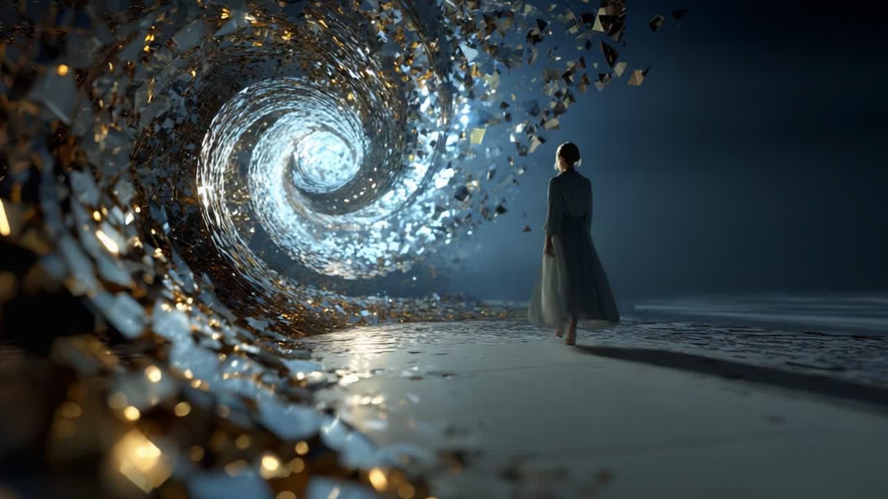 A figure walks towards a swirling vortex of shimmering particles, blending reality and fantasy in a mesmerizing visual journey, where art meets the illusion of movement and depth