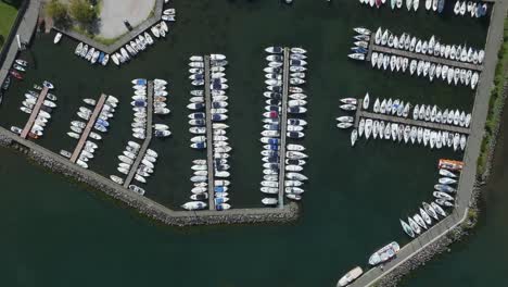 Aerial-overhead-of-the-marina-at-Capodimonte-on-Lake-Bolsena,-Province-of-Viterbo,-Italy