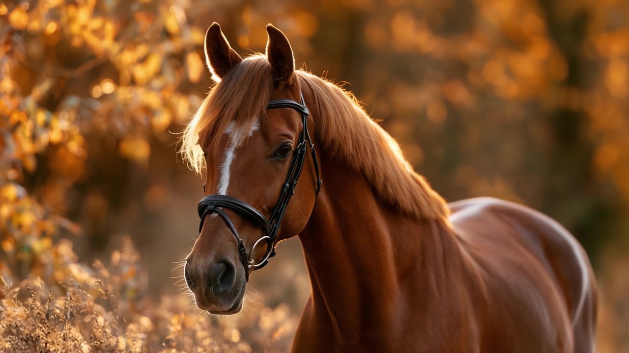 Ritratto accattivante di un maestoso cavallo marrone in una splendida cornice autunnale con un morbido bokeh dorato e caldi colori naturali