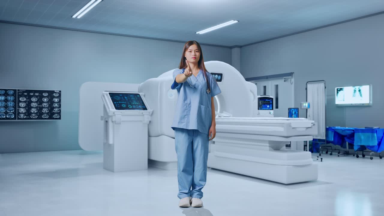 Figura intera di dottoressa asiatica che fa il gesto di negazione mentre è in piedi accanto a una macchina per la risonanza magnetica
