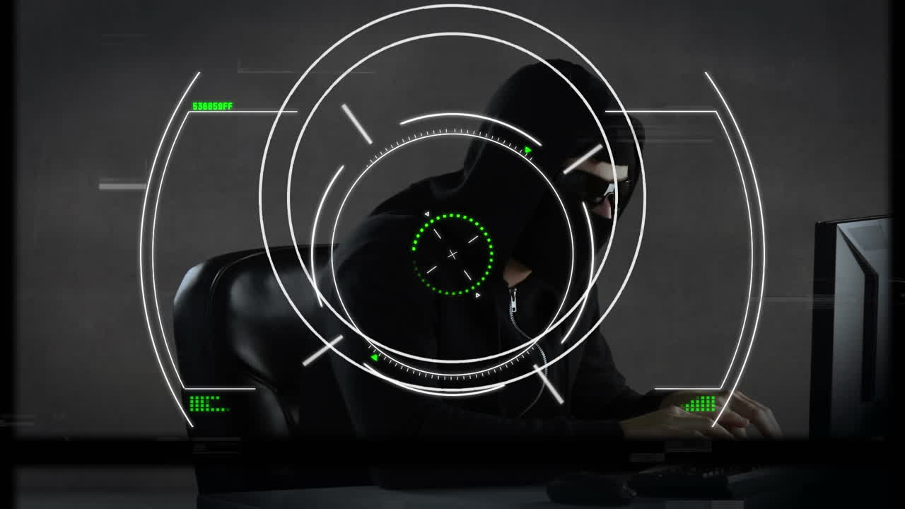 animación del alcance y el procesamiento de datos sobre hacker con computadora portátil