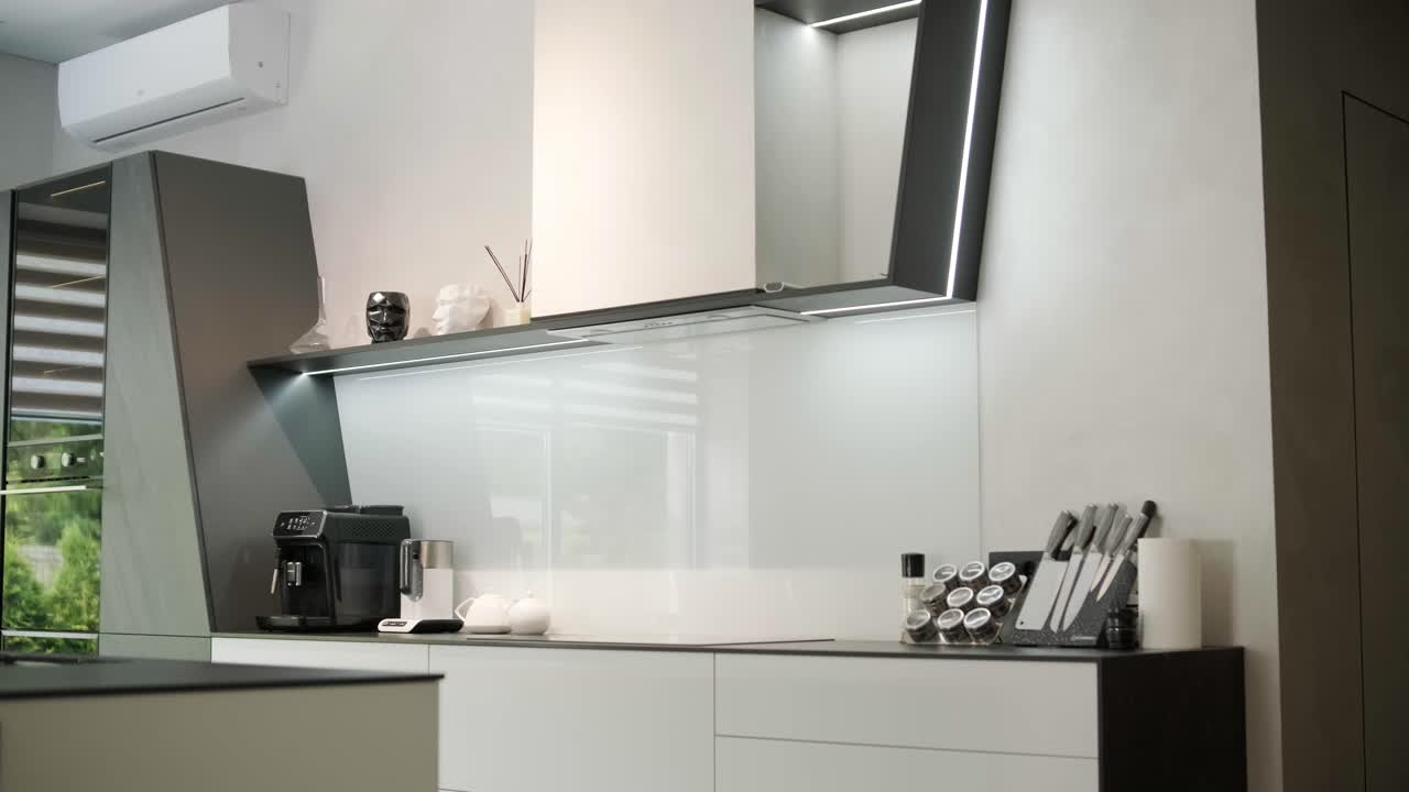 fachada de cocina moderna en el hogar con interior blanco, refrigerador, estufa de gas, campana de cocina, horno incorporado, fregadero, grifo de agua, utensilios de cocina en los estantes y plantas en los muebles del armario