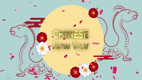 Animation-of-chinese-new-year-text-over-dragons-and-chinese-pattern-on-green-background