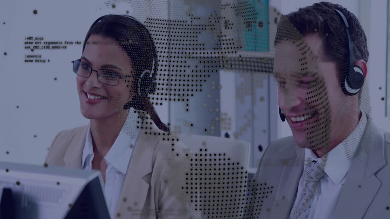 Support pinging team adjusting mic, solving customer call, world map overlay animating over them