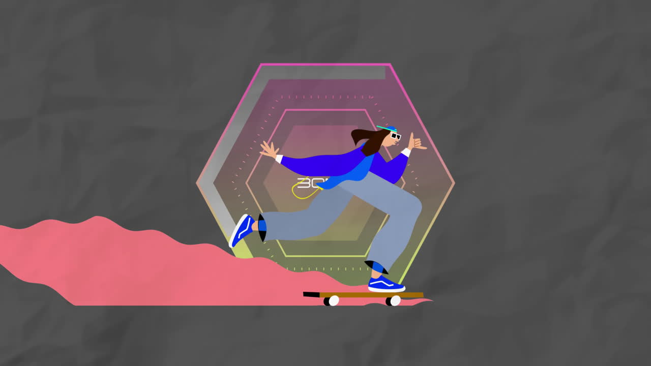 Skateboarding person with colorful geometric shapes in animation background