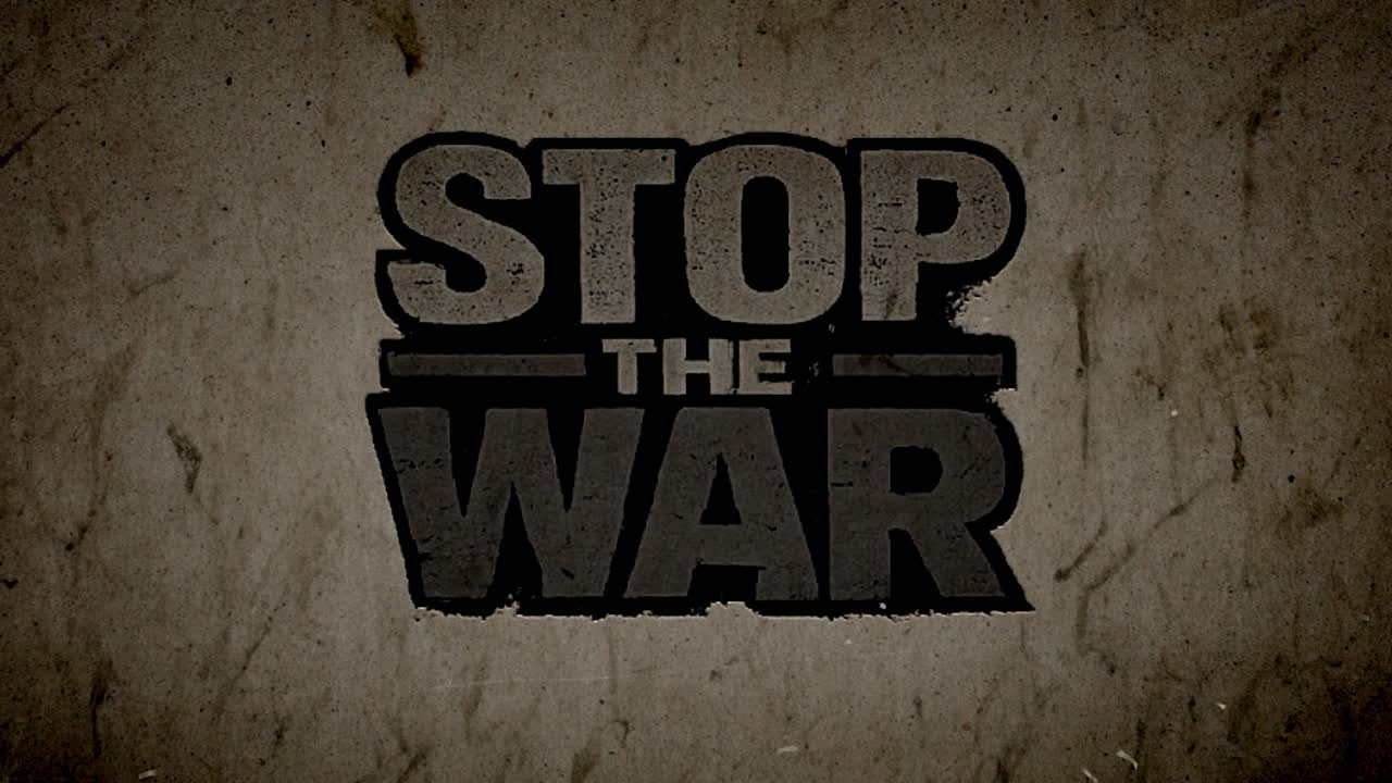 Bold text 'Stop the War' emerges as wall crumbles, symbolizing a powerful anti-war statement