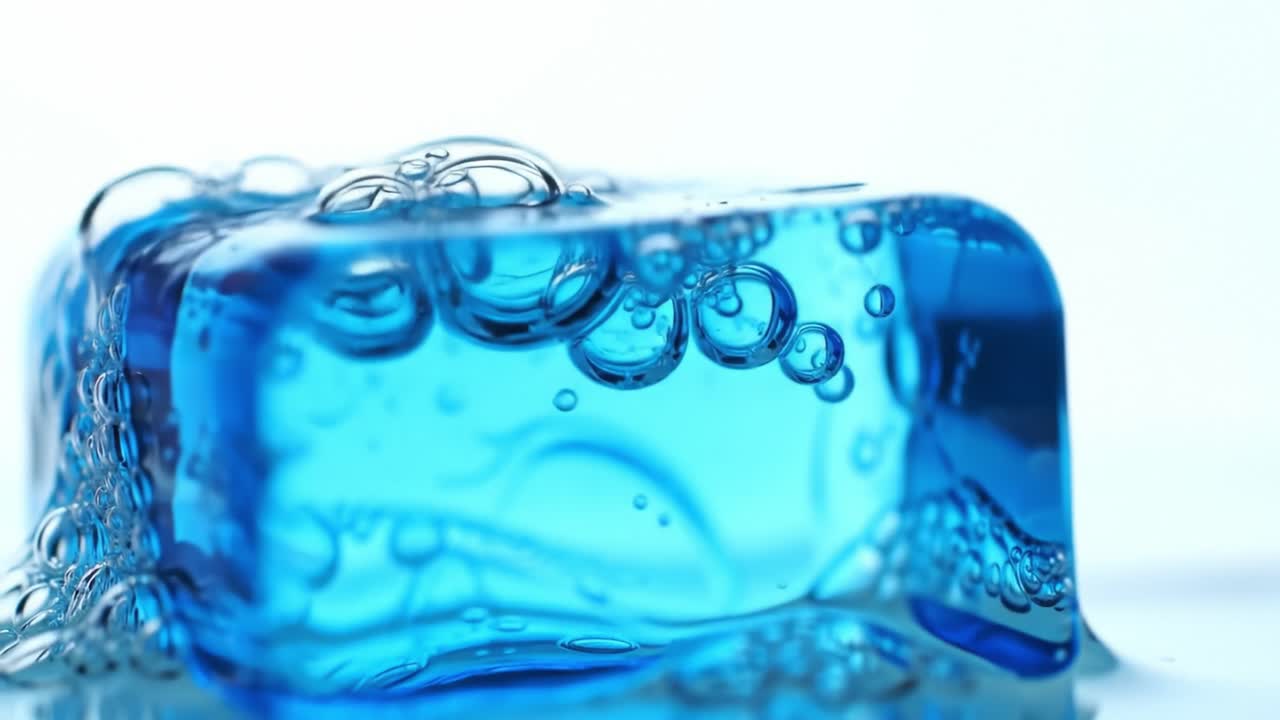 Captivating Blue Ice Cube Rising in Liquid, Surrounded by Dynamic Bubbles and Serenity in Motion, Showcasing the Beauty of Nature and Water Interaction