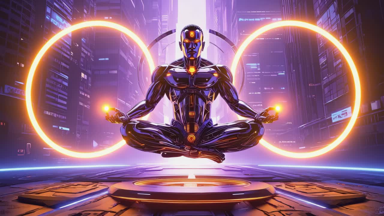 Cyborg futuristico che medita in un paesaggio urbano neon