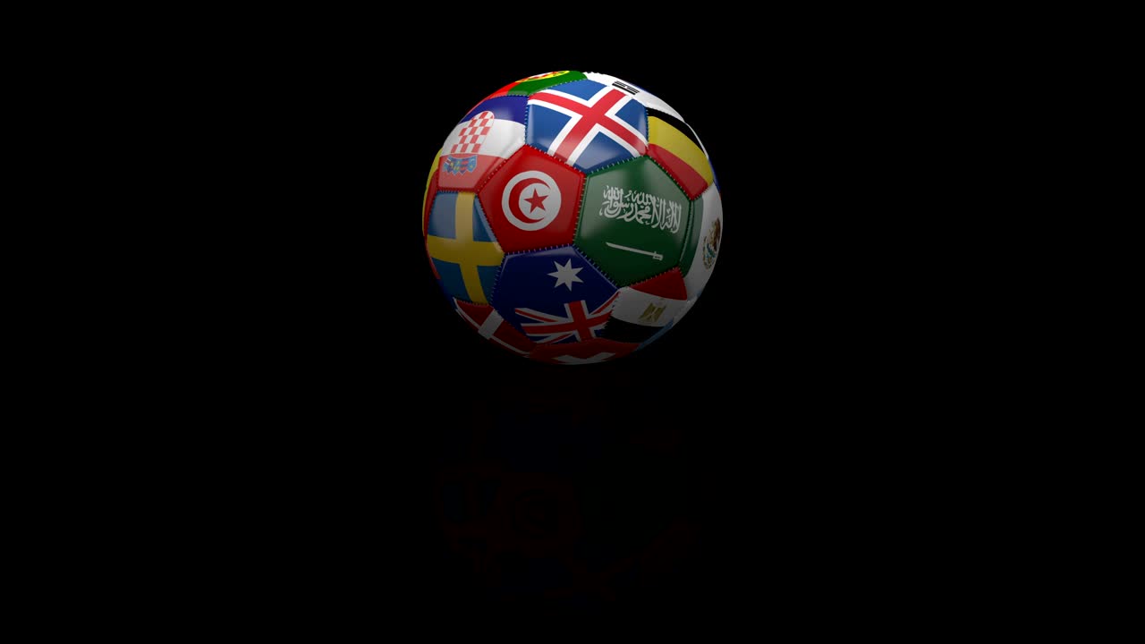 발이 있는 축구공은 검은색 반사 표면에서 회전하며, 4k 피트, 루프