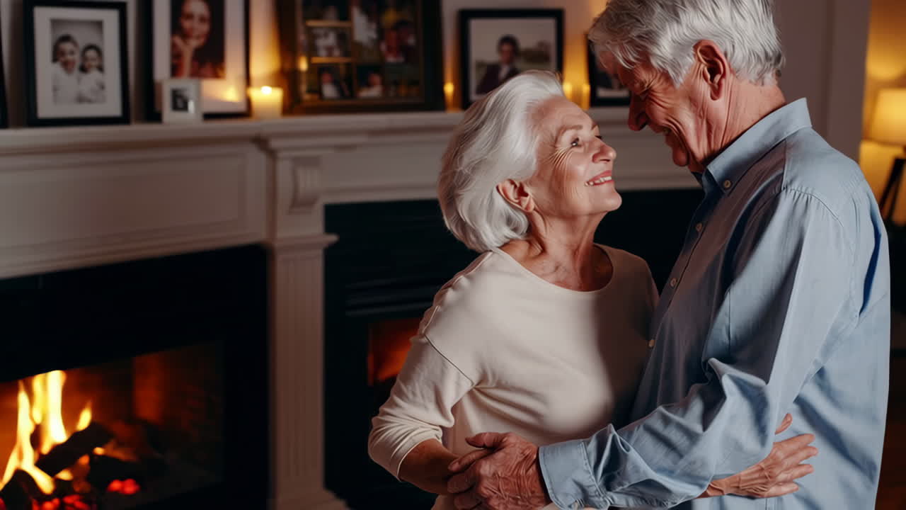 Elderly Couple Dancing by the Fireplace