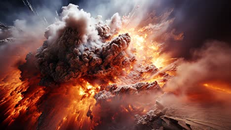 intense volcanic eruption with ash plumes and flames in a remote landscape