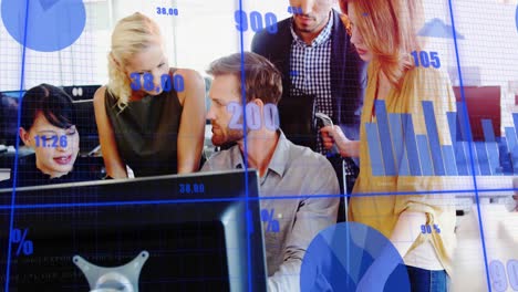 animation of statistical data processing against diverse colleagues discussing together at office