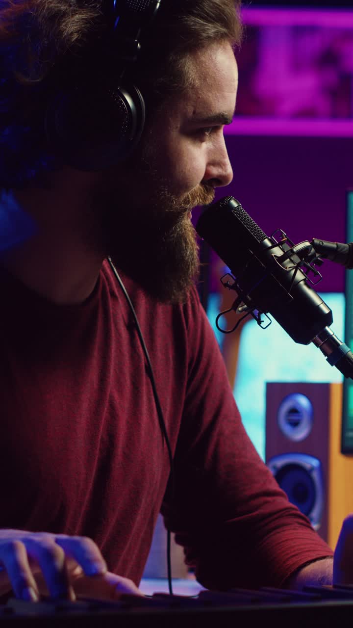 Uomo con cuffie che parla al microfono in uno studio illuminato al neon