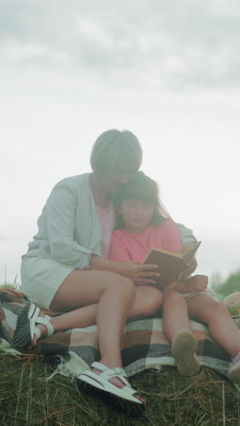 una mujer joven y una niña en camiseta rosa comparten un momento tierno, leyendo un libro juntos mientras están sentados juntos en una pala de heno en una vasta tierra de cultivo