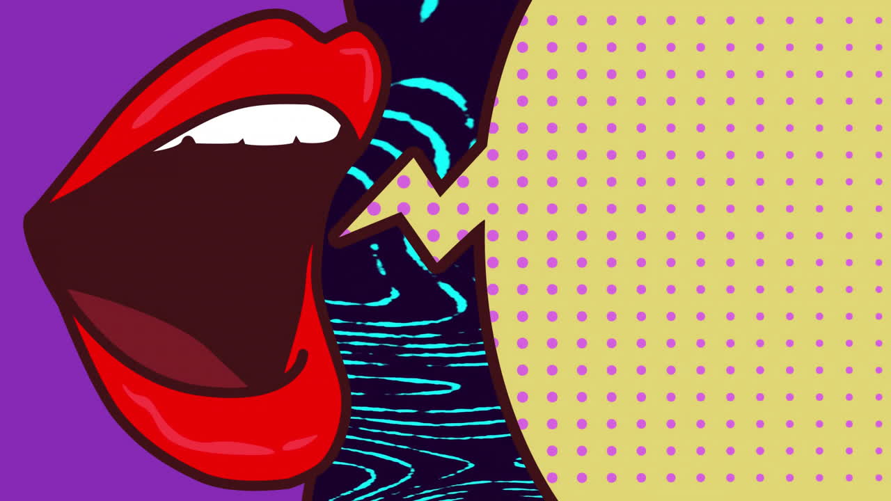 Red lips shouting with sound wave animation over polka dot background