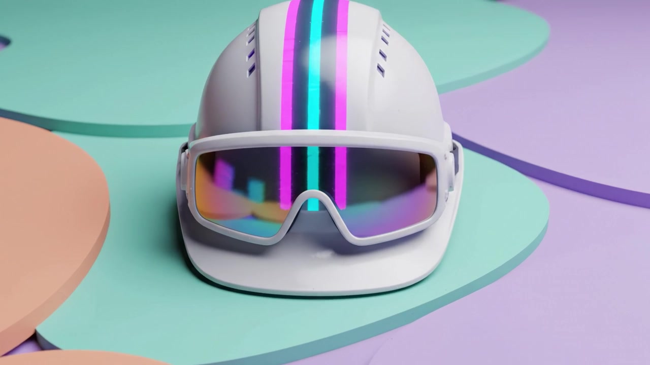 A Stylish Futuristic Helmet Displayed on Colorful Geometric Backgrounds with Reflective Goggles and Striped Design Making a Unique Visual Statement