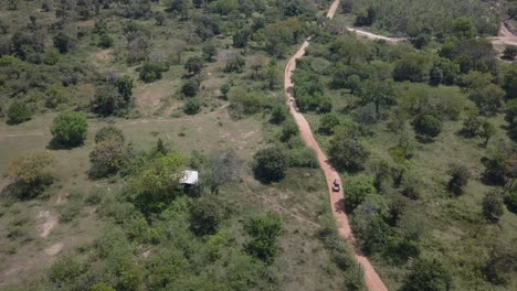 Waldluftaufnahmen-Verfolgen-Einen-LKW,-Der-Auf-Einer-Unbefestigten-Straße-Im-Yala-Nationalpark-Fährt