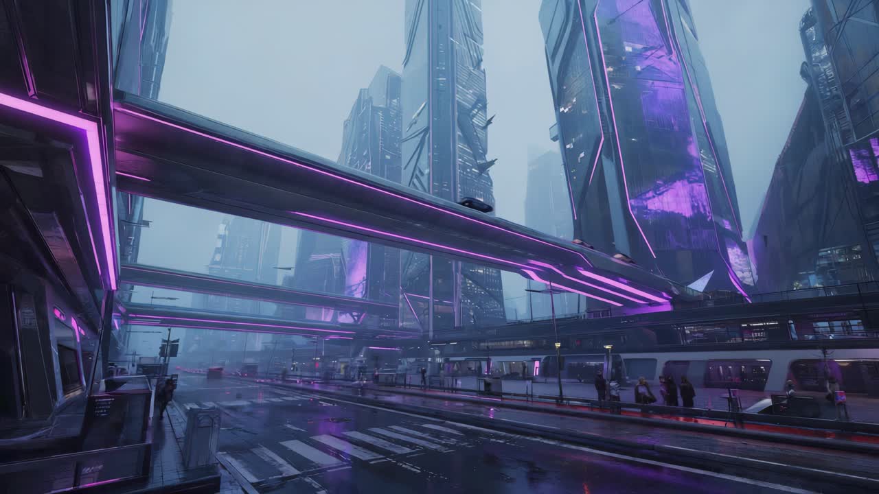 A futuristic city scene with towering skyscrapers, purple neon lights, and an elevated transportation system