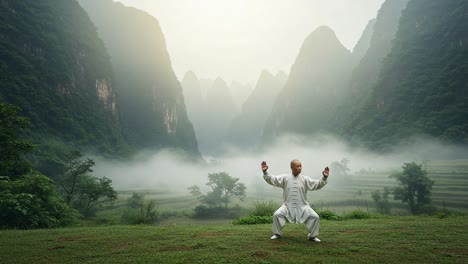 a serene martial arts practitioner gracefully demonstrates a tai chi form in the misty mountains at dawn, embodying peace and strength in nature's embrace.