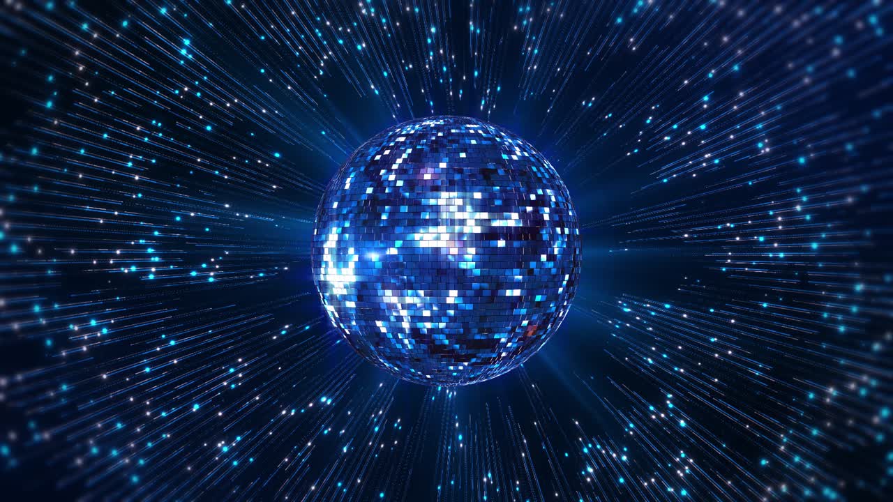 Koyu arka plan üzerinde disko topu, renkli yansımalarla 4k enerjik parti videosu