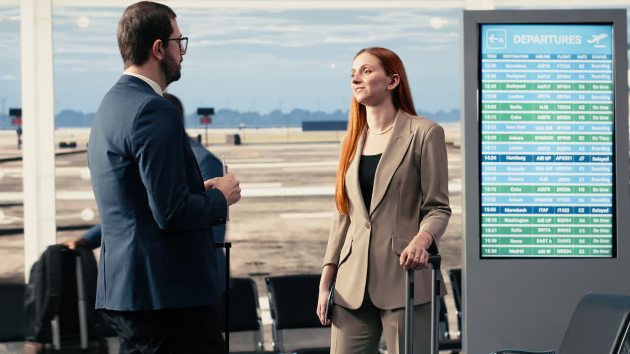 Miembros de una delegación corporativa discutiendo el itinerario en la sala VIP de la terminal del aeropuerto