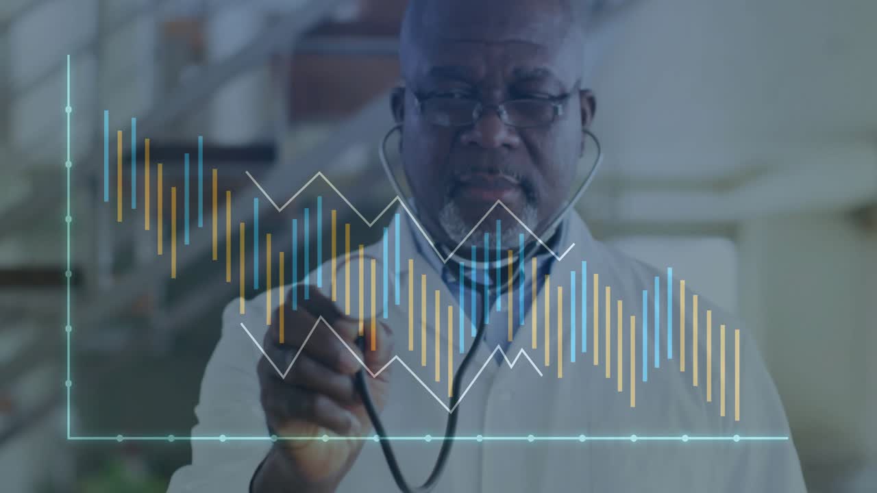 Doctor raising stethoscope head on clear overlay animating pulsing health chart data shifting right