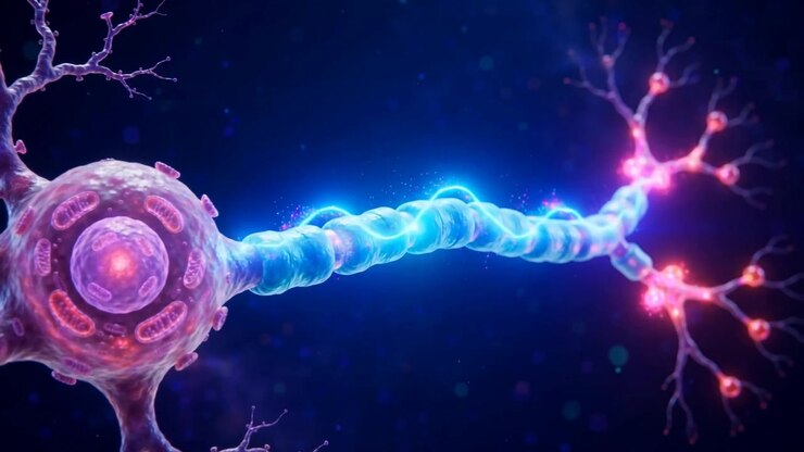 Neurone renderizzato in 3D con dendriti ramificati e assone mielinizzato su sfondo scuro