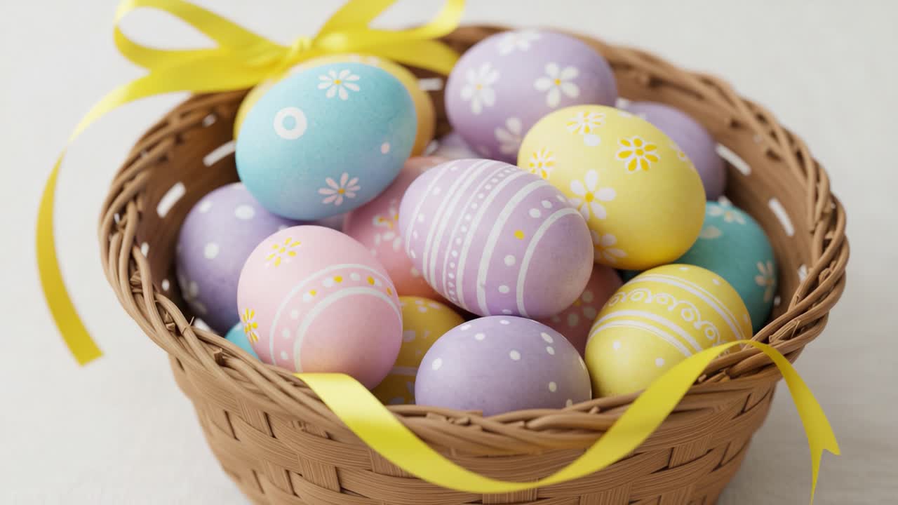 A Festive Arrangement of Colorful Easter Eggs Nestled in a Woven Basket Adorned with a Bright Yellow Ribbon for Seasonal Celebrations and Decorations