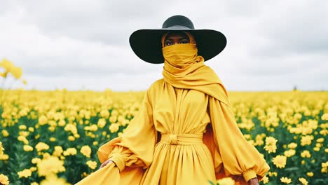 woman in yellow dress and hat in a field of flowers