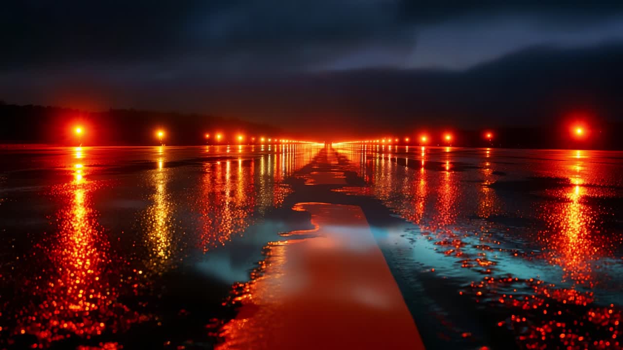 Dramatic Night Scene of a Rain-Slicked Runway Illuminated by Reflective Lights, Offering a Breathtaking Visual Perspective of a Neon-Infused Landscape under Heavy Clouds