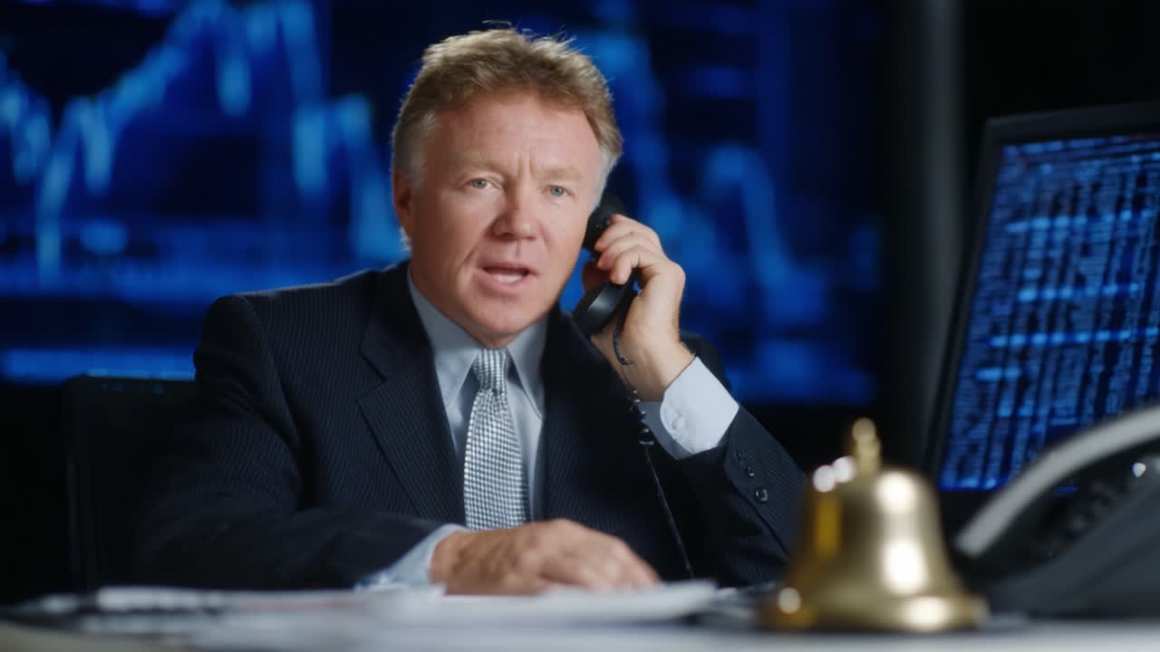 A Confident Businessman Engaged in a Phone Call, Analyzing Financial Data and Market Trends in a Modern Office Setting with Advanced Technology