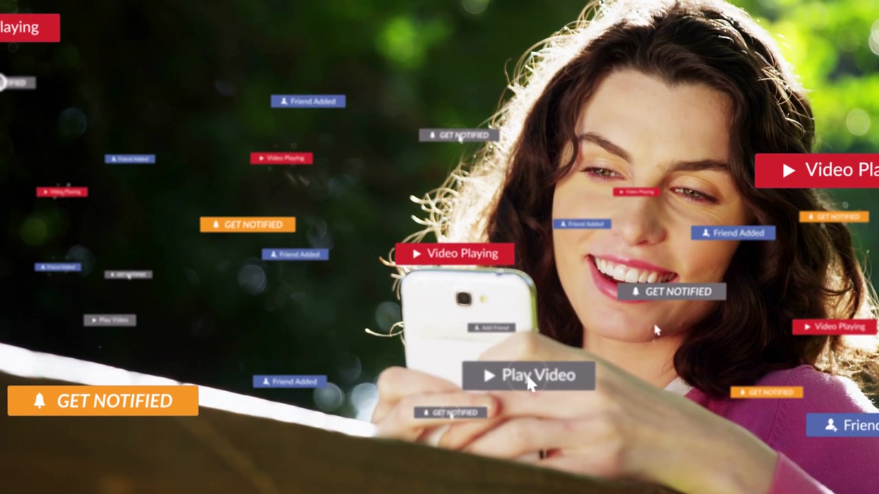 Donna che tocca lo smartphone, generando badge che si moltiplicano, fluttuano e le coprono il viso, per scopi di marketing.