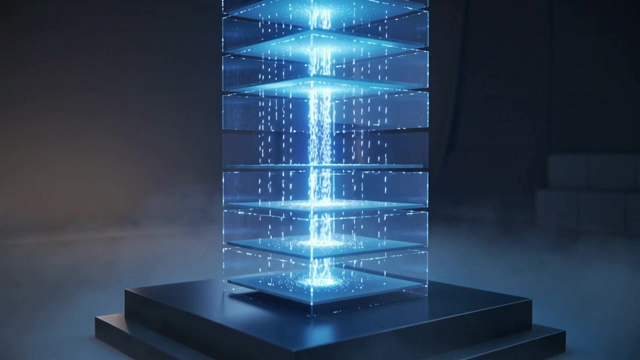 Descending blue column activating stacked clear plates on metal base in studio, making mist cascade