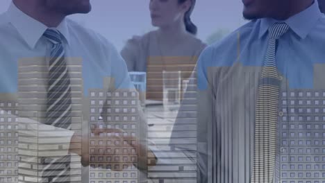 Digital-composition-of-diverse-businessmen-shaking-hands-at-office-against-3d-cityscape-model