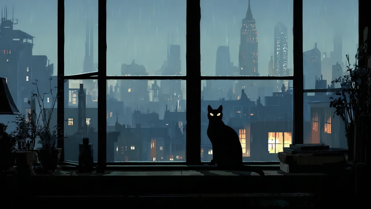 Un gato negro solitario contempla la ciudad nocturna a través de la ventana lluviosa, capturando un momento de tranquilidad en medio del paisaje urbano.