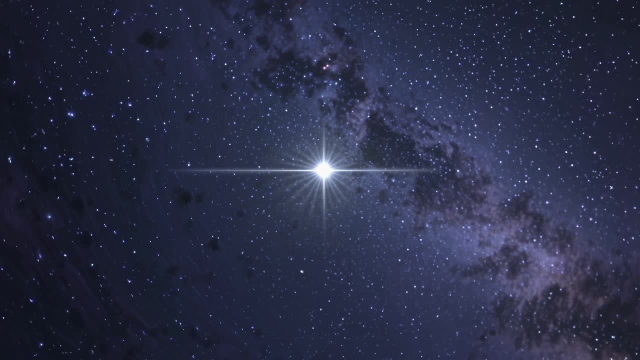 Un fotogramma video ipnotico di un cielo notturno stellato con una stella luminosa al centro