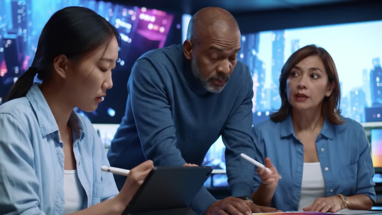 Collaborative Team Meeting Focusing on Innovative Ideas and Technology Solutions in a Modern Office Environment