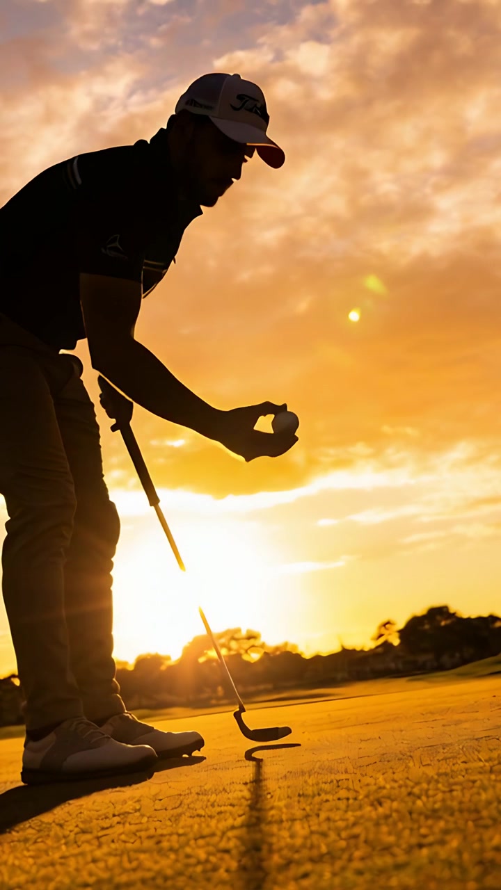 Video verticale: Golfista con cappellino che si piega per posizionare la palla sul putting green, tenendo il putter e ispezionando la palla.