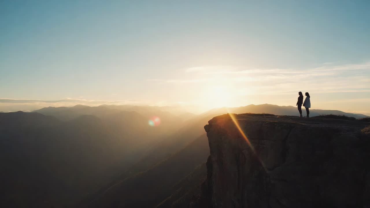 Two hikers standing on the edge of a cliff are enjoying a breathtaking sunset over a vast mountain range, embracing the tranquility and vastness of nature