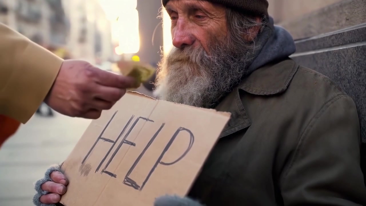 Homeless Man Holding 'HELP' Sign Receives Money on City Street