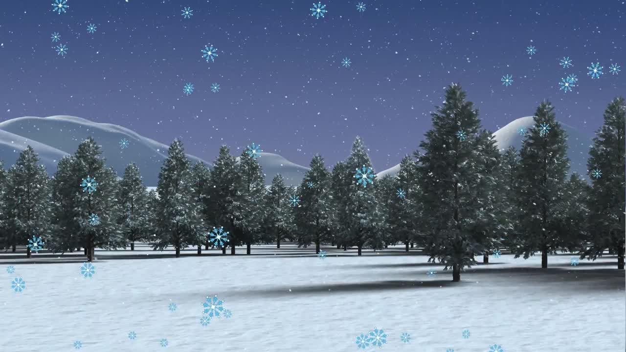 Animation of winter scenery with fir trees