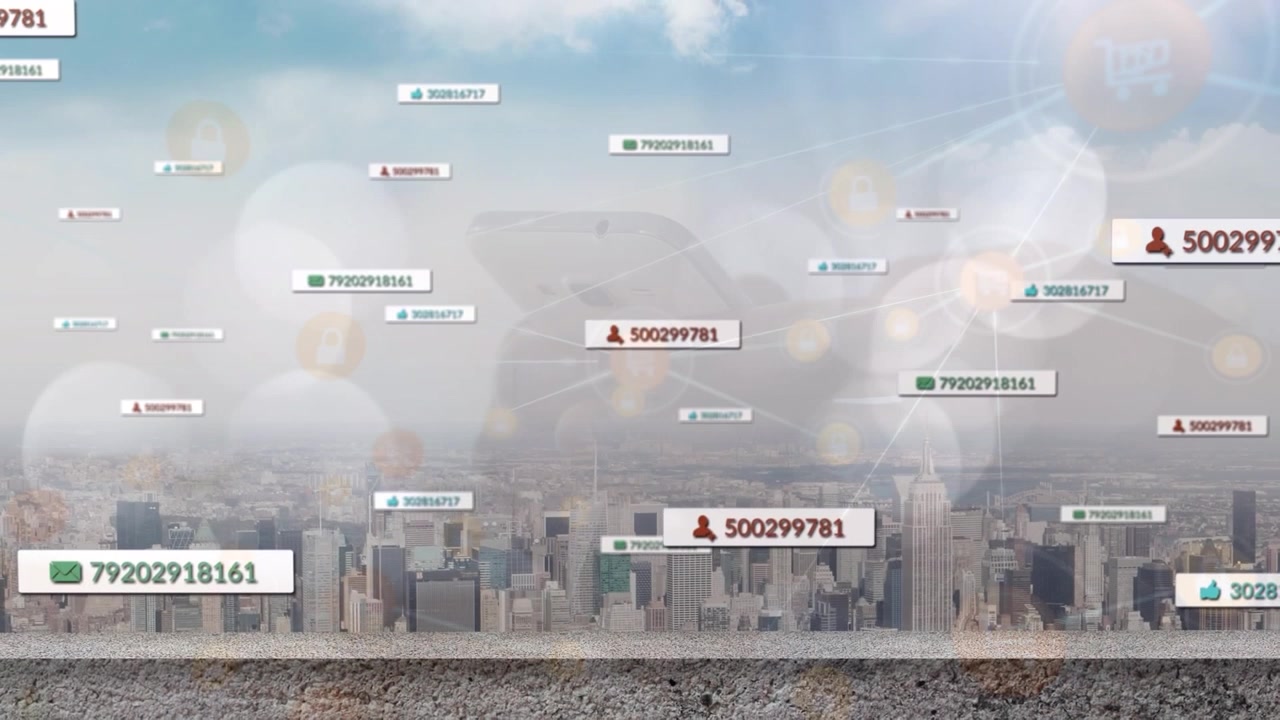 Animazione di icone di social media e connessioni su un paesaggio urbano.