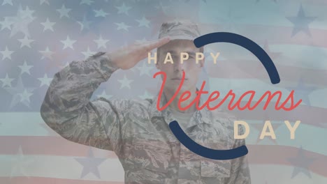 animation of veterans day text over soldier and american flag