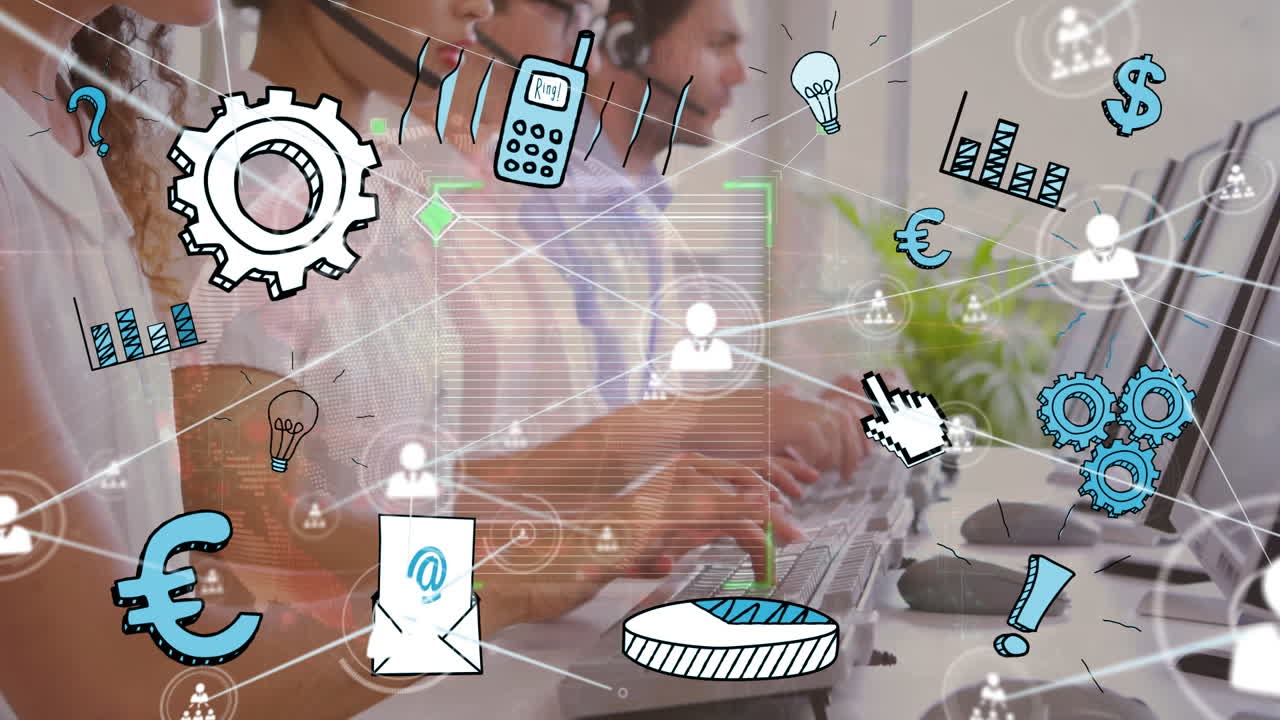 animación de la red de conexiones con iconos sobre diversas personas de negocios que usan auriculares telefónicos