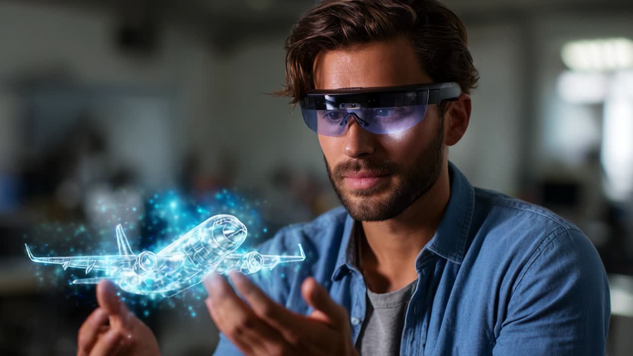 Realtà aumentata e tecnologia aeronautica: un uomo interagisce con una rappresentazione olografica di un aeroplano, mostrando il futuro della simulazione di volo e l'intersezione tra innovazione e vita quotidiana