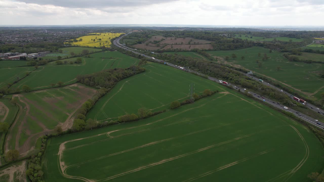 M25 Motorway Hertfordshire England high drone aerial point of view