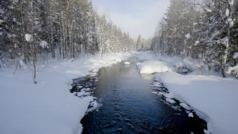 calm river between snowy trees, sunny, winter day, in lapland - static view